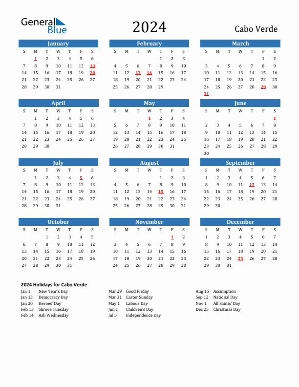 Cabo Verde 2024 Calendar with Holidays