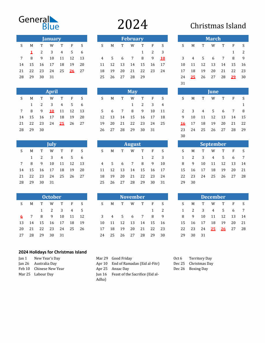 Christmas Island 2024 Calendar with Holidays