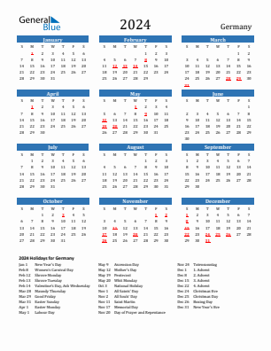 Germany current year calendar 2024 with holidays