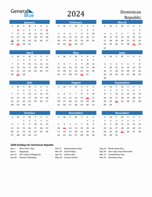 Dominican Republic current year calendar 2024 with holidays