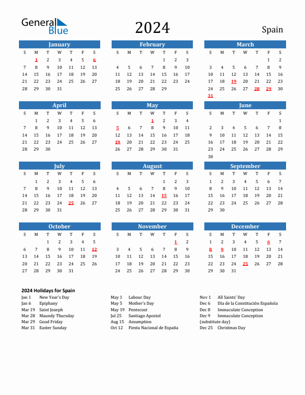 Spain 2024 Calendar with Holidays