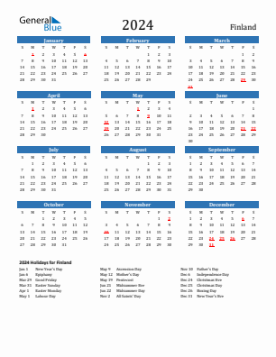Finland current year calendar 2024 with holidays