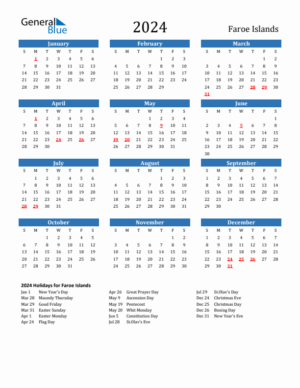 Faroe Islands 2024 Calendar with Holidays