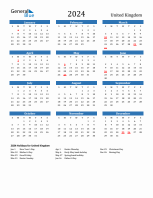 United Kingdom current year calendar 2024 with holidays