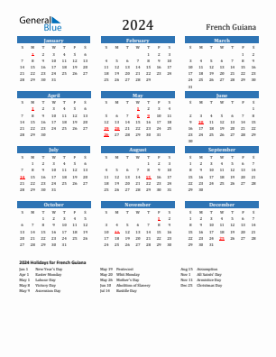 French Guiana current year calendar 2024 with holidays