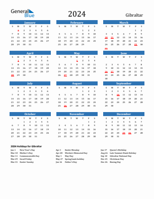 Gibraltar current year calendar 2024 with holidays