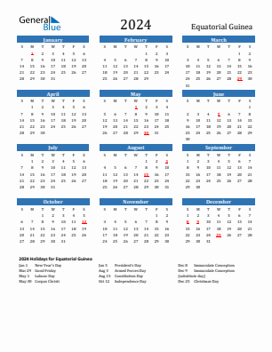 Equatorial Guinea current year calendar 2024 with holidays