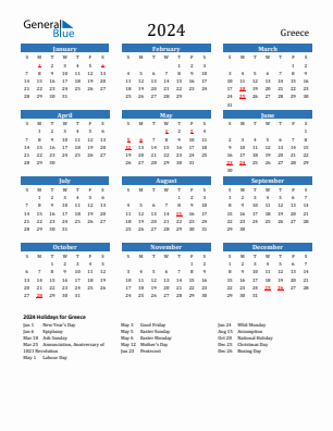 Greece current year calendar 2024 with holidays