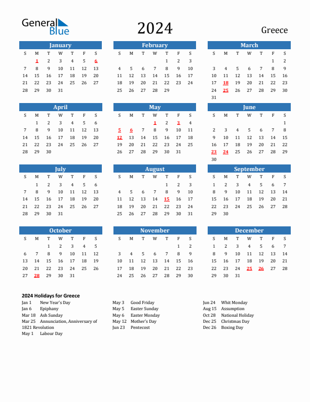 Greece 2024 Calendar with Holidays