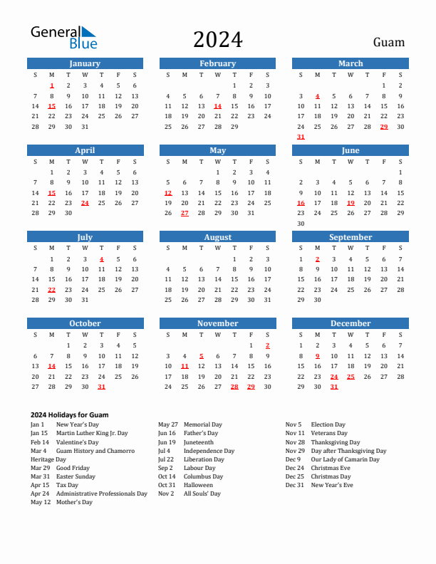 Guam 2024 Calendar with Holidays