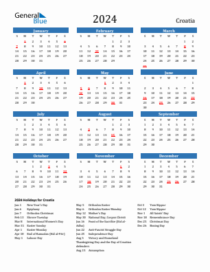 Croatia current year calendar 2024 with holidays