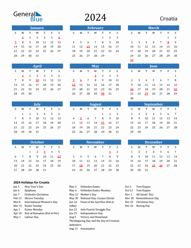 Croatia 2024 Calendar with Holidays