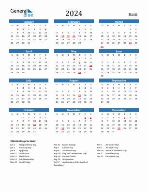 Haiti current year calendar 2024 with holidays