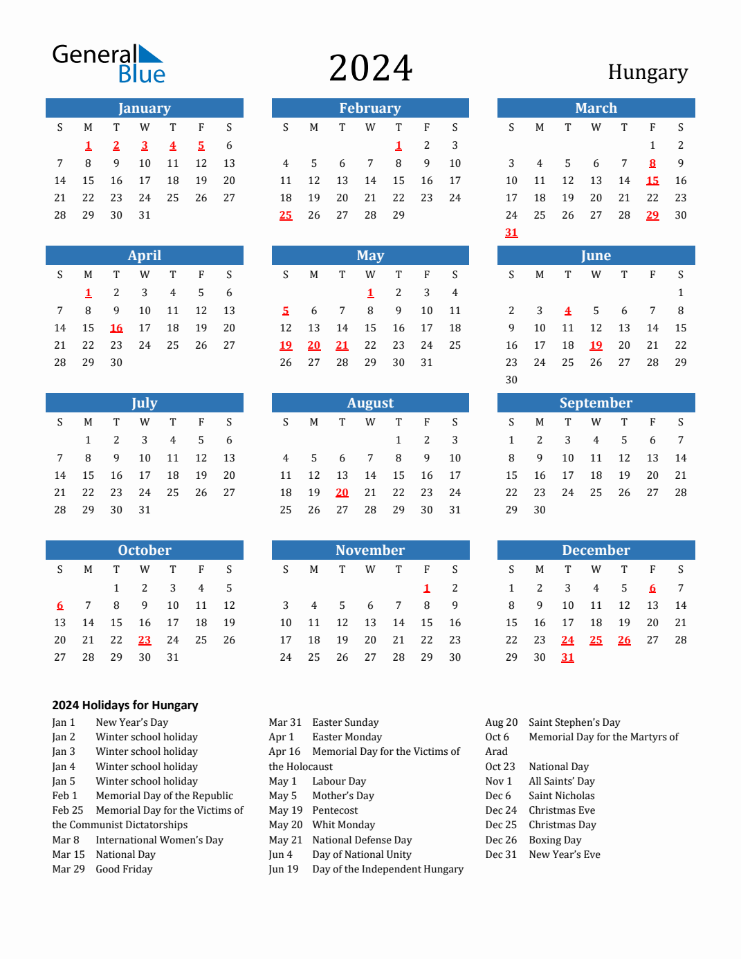 2024 Hungary Calendar with Holidays