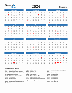 Hungary current year calendar 2024 with holidays