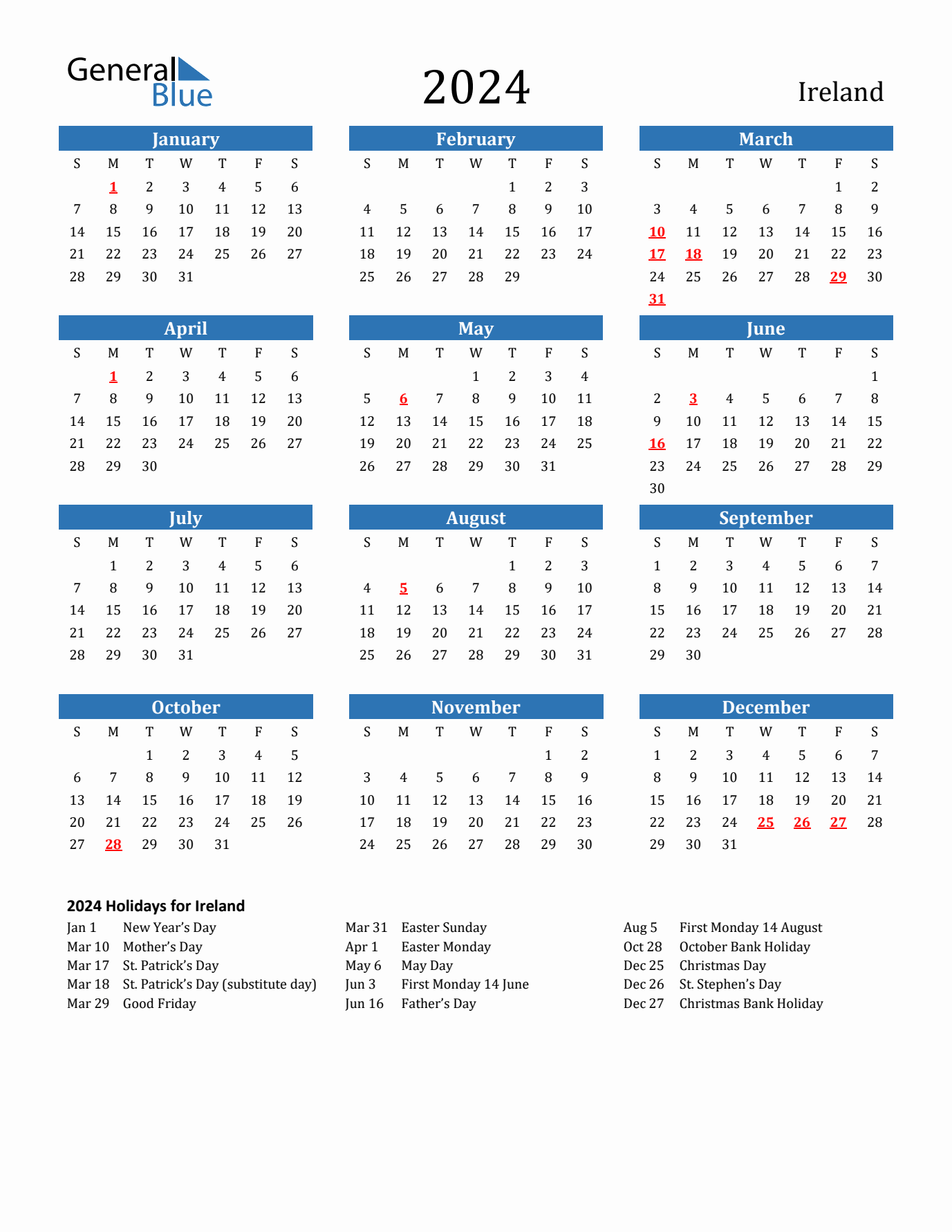 2024 yearly calendar with Ireland holidays