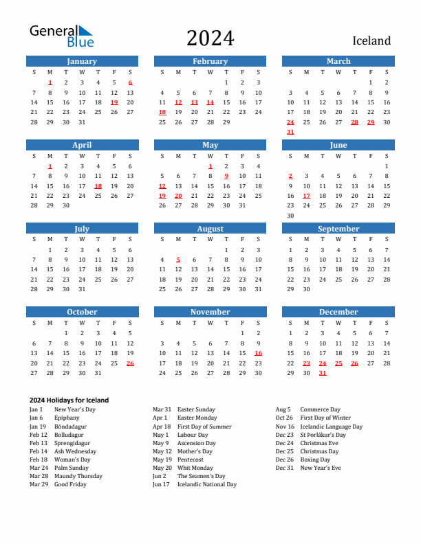 Iceland 2024 Calendar with Holidays
