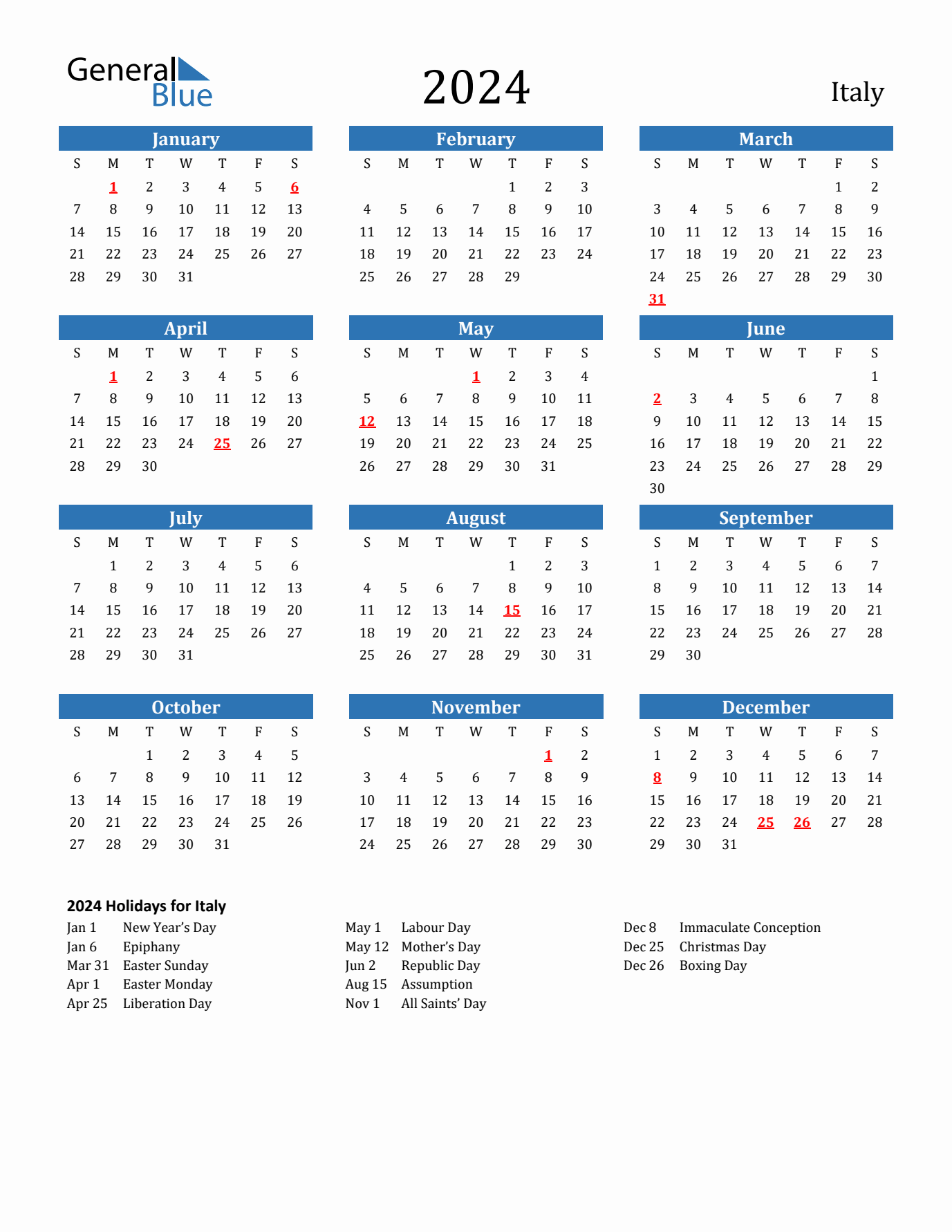 2024 yearly calendar with Italy holidays