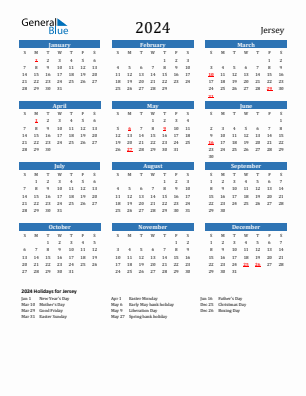 Jersey current year calendar 2024 with holidays