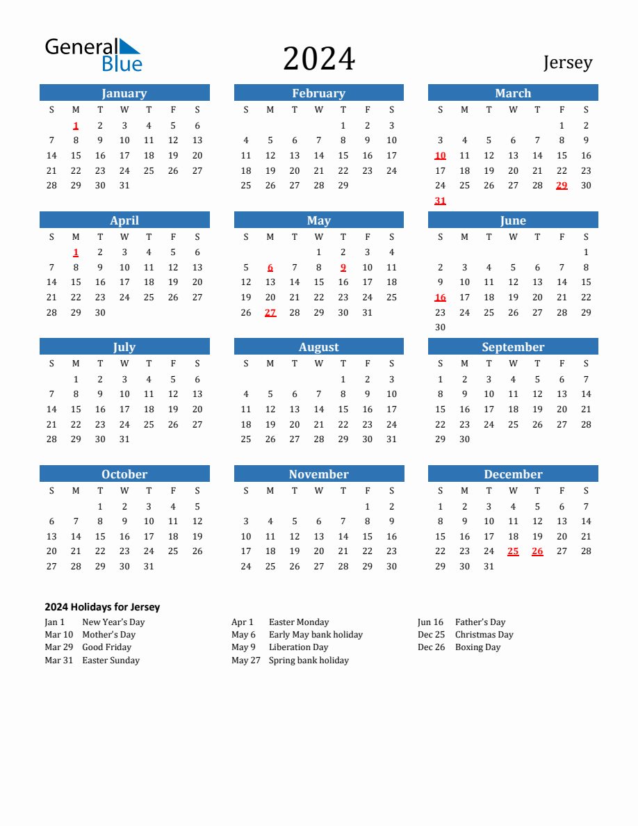 Jersey 2024 Calendar with Holidays