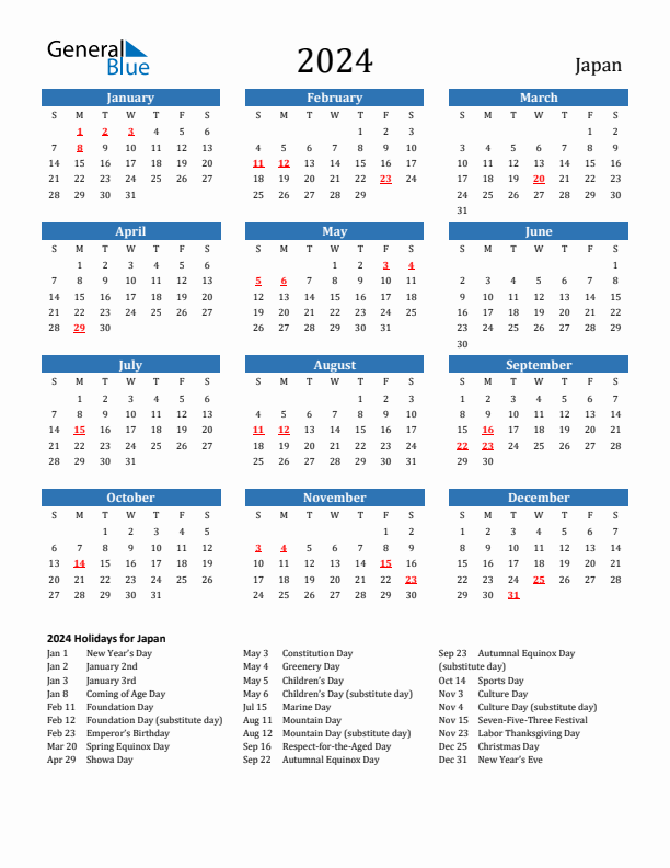 Japan 2024 Calendar with Holidays