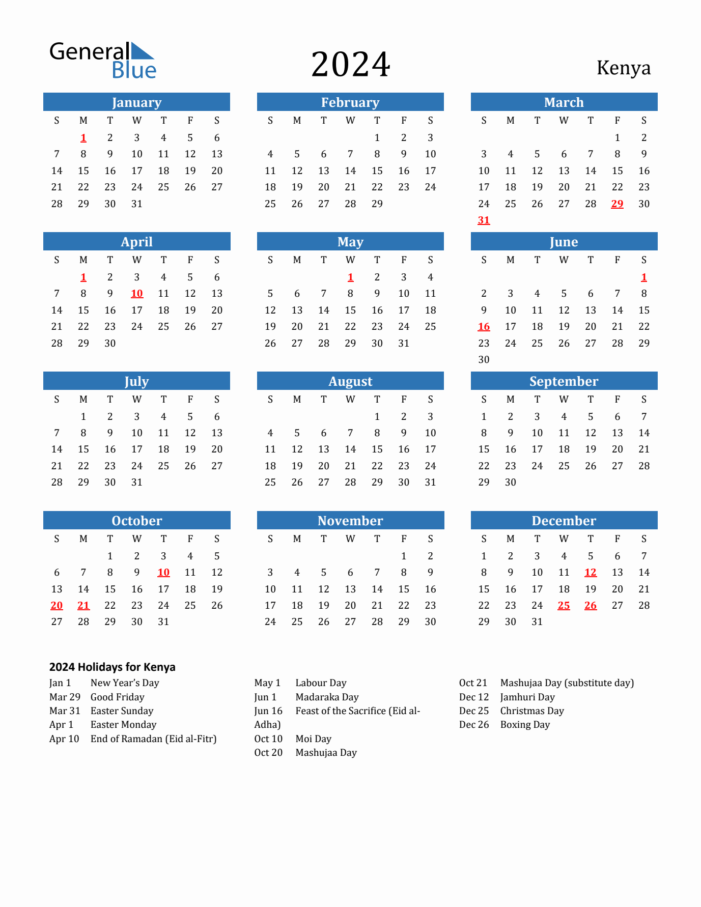2024 yearly calendar with Kenya holidays