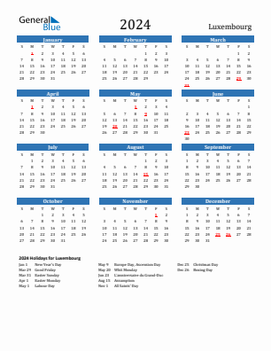 Luxembourg current year calendar 2024 with holidays