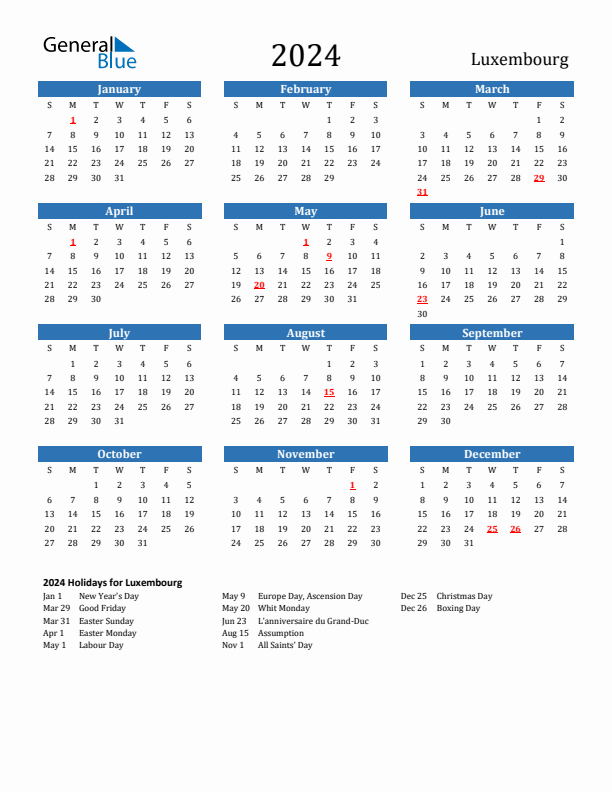 Luxembourg 2024 Calendar with Holidays