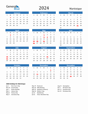 Martinique current year calendar 2024 with holidays