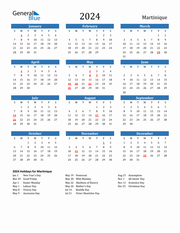 Martinique 2024 Calendar with Holidays