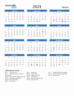 Mexico current year calendar 2024 with holidays
