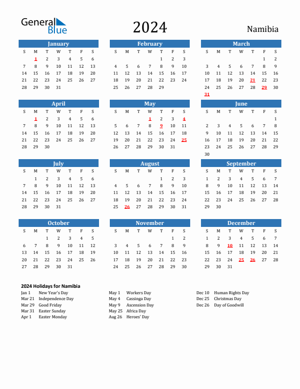 Namibia 2024 Calendar with Holidays