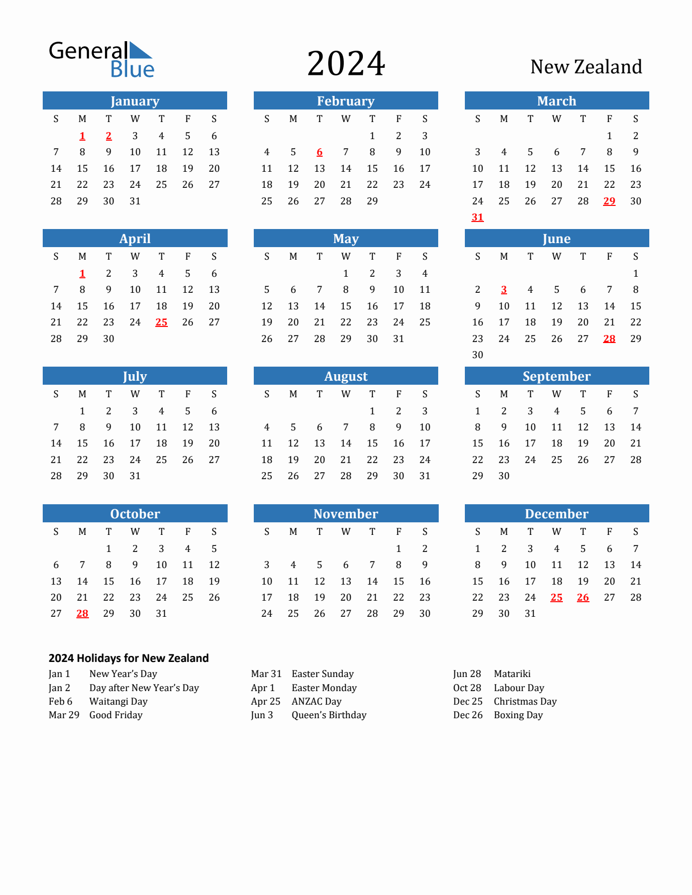 2024 yearly calendar with New Zealand holidays