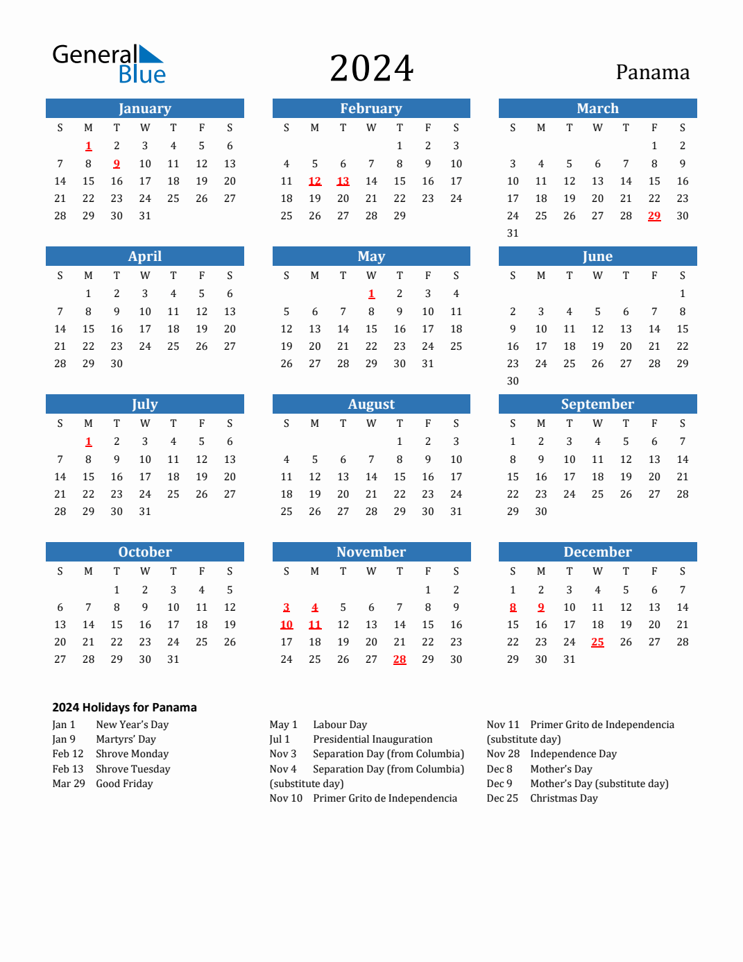 2024 Panama Calendar with Holidays