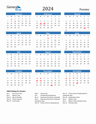 Panama current year calendar 2024 with holidays