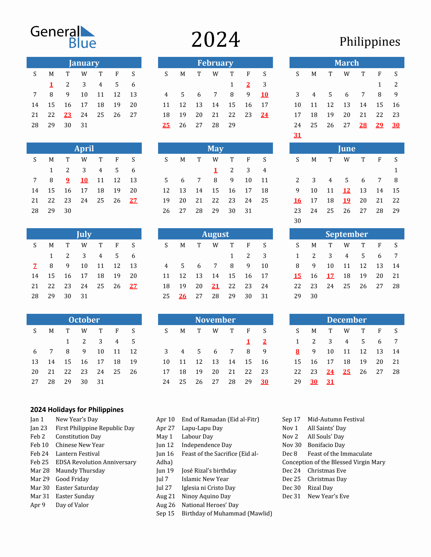 2024 yearly calendar with Philippines holidays