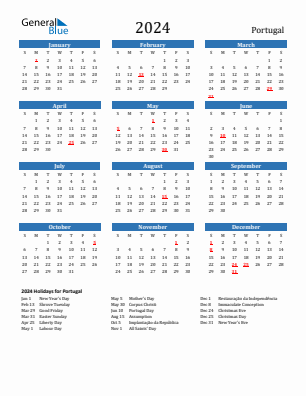 Portugal current year calendar 2024 with holidays