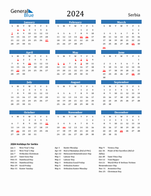 Serbia current year calendar 2024 with holidays