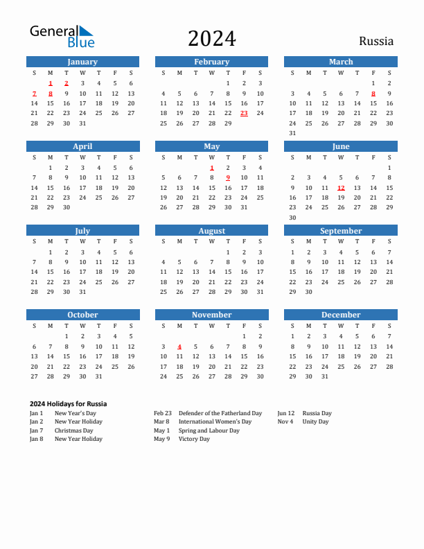 Russia 2024 Calendar with Holidays