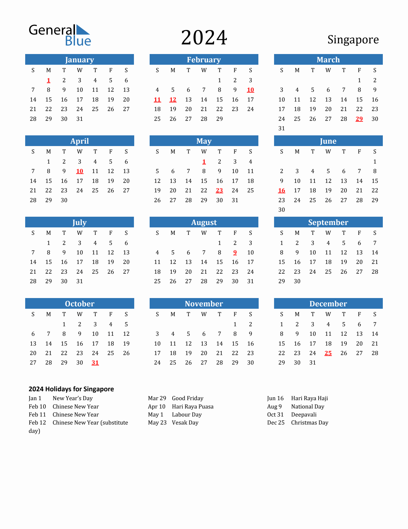2024 yearly calendar with Singapore holidays