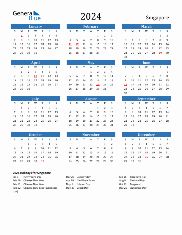 Singapore 2024 Calendar with Holidays