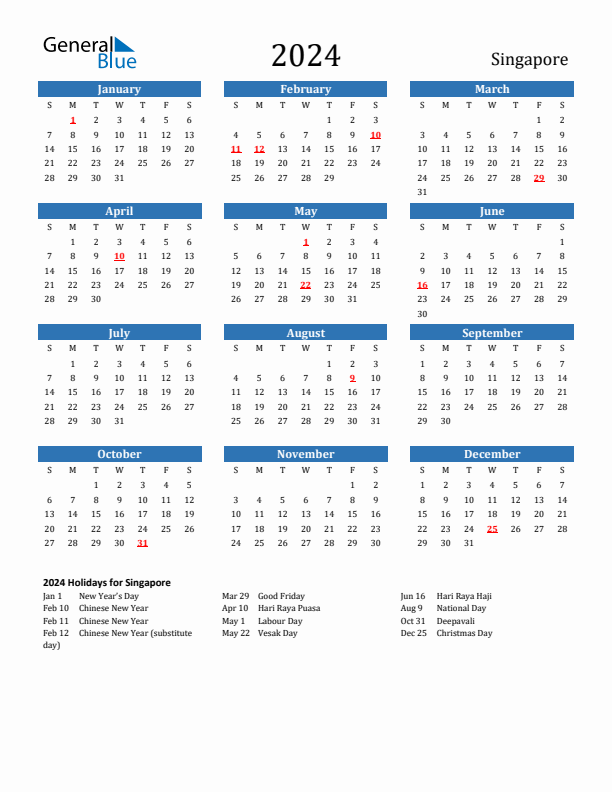 2024 Singapore Calendar With Holidays