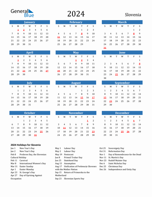 Slovenia 2024 Calendar with Holidays