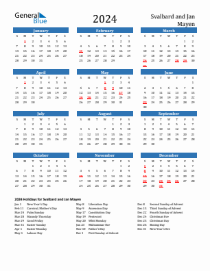 Svalbard and Jan Mayen current year calendar 2024 with holidays