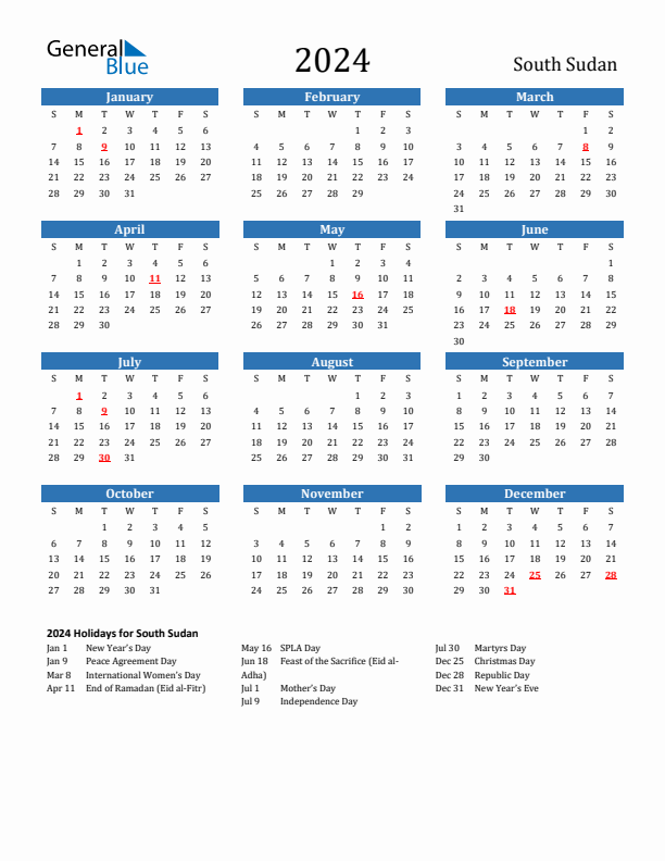 South Sudan 2024 Calendar with Holidays