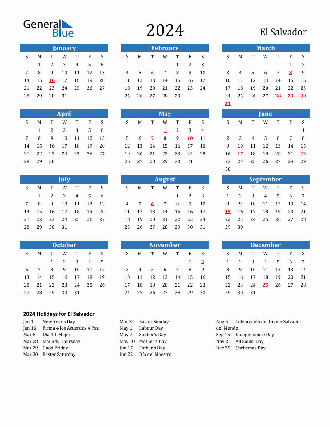 2024 El Salvador Calendar with Holidays