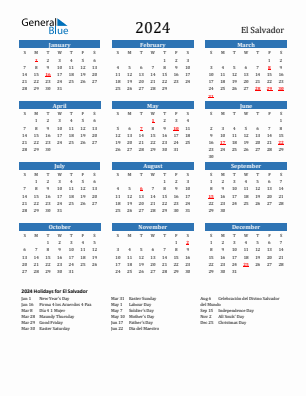 El Salvador current year calendar 2024 with holidays