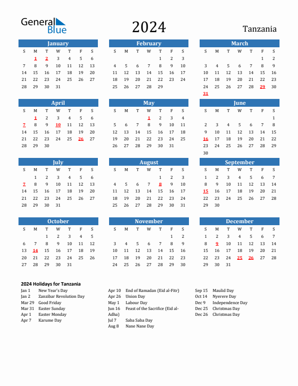 Tanzania 2024 Calendar with Holidays