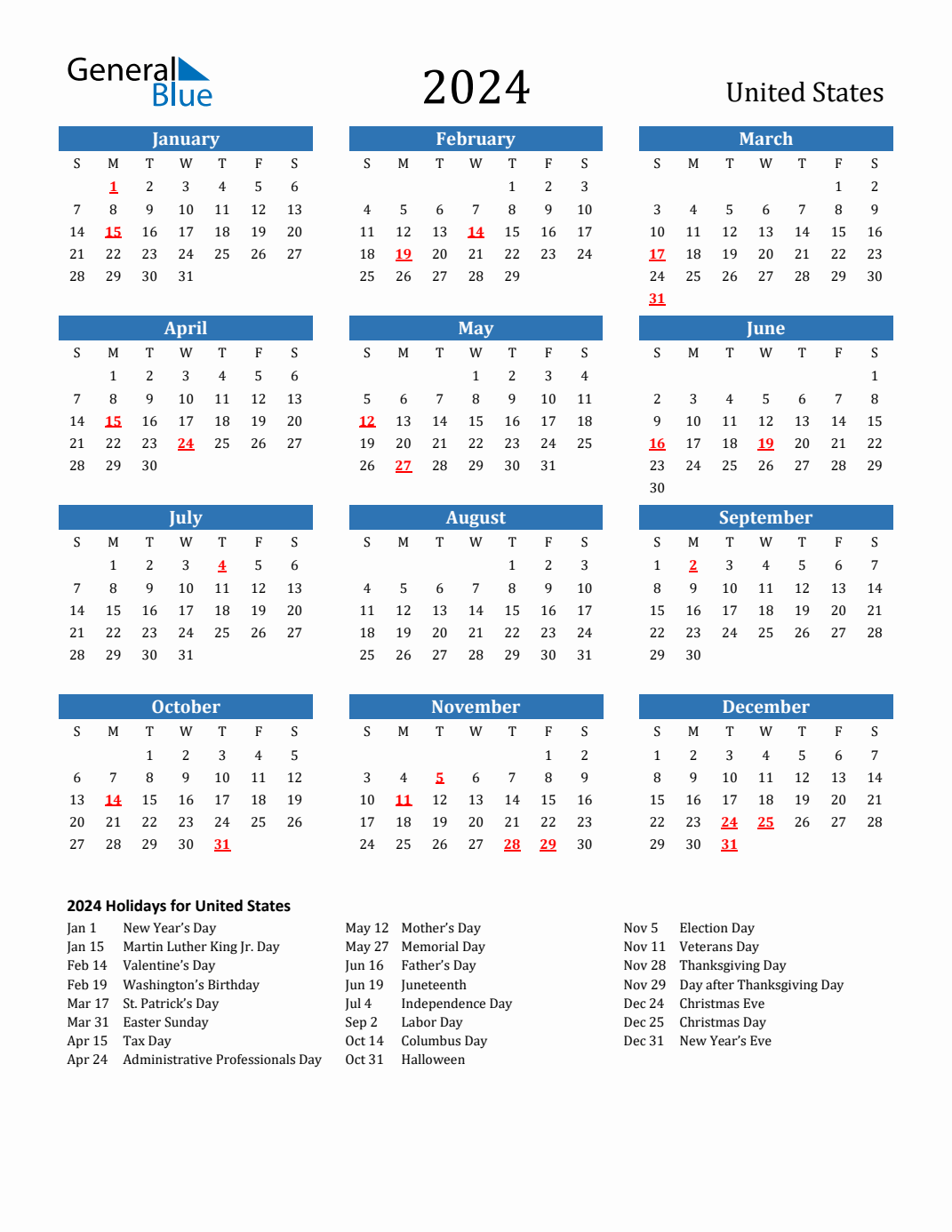 2024 Calendar with Holidays, Printable Free, Vertical, Green –