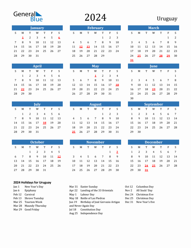 Uruguay 2024 Calendar with Holidays